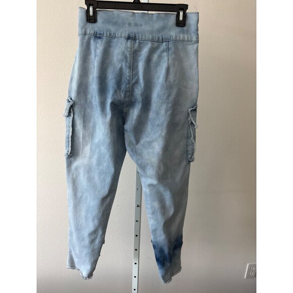 Y2K Cargo Jogger Jeans  L Light Wash Denim Utility Shirt Tie Waist Pockets Edgy - Picture 2 of 14